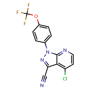 Chemical structure of 4-Chloro-1-(4-(trifluoromethoxy)phenyl)-1H-pyrazolo[3,4-b]pyridine-3-carbonitrile , CAS 2933895-46-4, AChemBlock AD282063