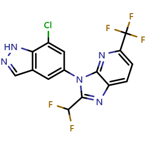 Chemical structure of 3-(7-Chloro-1H-indazol-5-yl)-2-(difluoromethyl)-5-(trifluoromethyl)-3H-imidazo[4,5-b]pyridine , CAS 2034182-82-4, AChemBlock AD282064