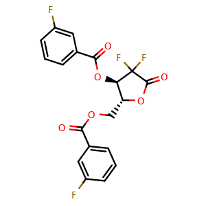 Chemical structure of (2R,3R)-4,4-Difluoro-2-(((3-fluorobenzoyl)oxy)methyl)-5-oxotetrahydrofuran-3-yl 3-fluorobenzoate , CAS 942288-37-1, AChemBlock AD282070