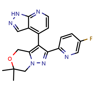 Chemical structure of 2-(5-Fluoropyridin-2-yl)-6,6-dimethyl-3-(1H-pyrazolo[3,4-b]pyridin-4-yl)-6,7-dihydro-4H-pyrazolo[5,1-c][1,4]oxazine , CAS 2765264-58-0, AChemBlock AD282071