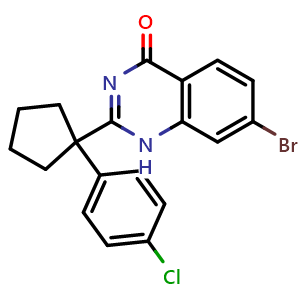 Chemical structure of 7-Bromo-2-(1-(4-chlorophenyl)cyclopentyl)quinazolin-4(1H)-one , CAS 3053860-71-9, AChemBlock AD282073
