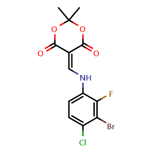 Chemical structure of 5-[[(3-Bromo-4-chloro-2-fluorophenyl)amino]methylene]-2,2-dimethyl-1,3-dioxane-4,6-dione , CAS 2561414-28-4, AChemBlock AD282074