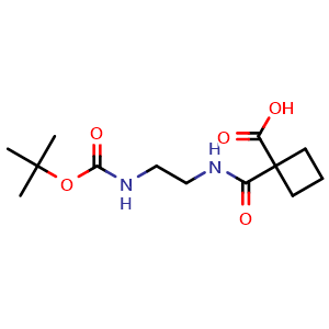 Chemical structure of 1-((2-((tert-Butoxycarbonyl)amino)ethyl)carbamoyl)cyclobutane-1-carboxylic acid , CAS 3061440-14-7, AChemBlock AD282076