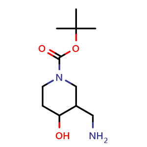 Chemical structure of tert-Butyl 3-(aminomethyl)-4-hydroxypiperidine-1-carboxylate , CAS 1003946-20-0, AChemBlock AD282091