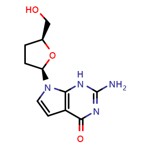 Chemical structure of 2-Amino-7-((2R,5S)-5-(hydroxymethyl)tetrahydrofuran-2-yl)-1,7-dihydro-4H-pyrrolo[2,3-d]pyrimidin-4-one , CAS 111869-49-9, AChemBlock AD282100