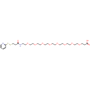 Chemical structure of 3-[[25-Oxo-27-(2-pyridinyldithio)-3,6,9,12,15,18,21-heptaoxa-24-azaheptacos-1-yl]oxy]propanoic acid , CAS 1334177-96-6, AChemBlock AD282123