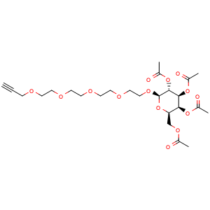 Chemical structure of (2R,3R,4S,5S,6R)-2-((3,6,9,12-Tetraoxapentadec-14-yn-1-yl)oxy)-6-(acetoxymethyl)tetrahydro-2H-pyran-3,4,5-triyl triacetate , CAS 1397682-61-9, AChemBlock AD282134