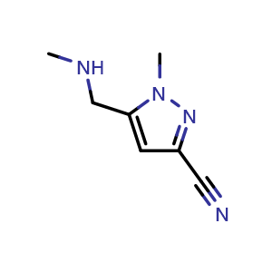 Chemical structure of 1-Methyl-5-((methylamino)methyl)-1H-pyrazole-3-carbonitrile , CAS 1454849-99-0, AChemBlock AD282142