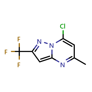 Chemical structure of 7-Chloro-5-methyl-2-(trifluoromethyl)pyrazolo[1,5-a]pyrimidine , CAS 1467492-14-3, AChemBlock AD282143