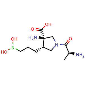 Chemical structure of (3R,4S)-3-Amino-1-[(2S)-2-aminopropanoyl]-4-[3-(dihydroxyboranyl)propyl]pyrrolidine-3-carboxylic acid , CAS 2095732-06-0, AChemBlock AD282172