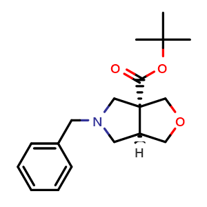 Chemical structure of rel-(3aR,6aR)-tert-Butyl 5-benzyltetrahydro-1H-furo[3,4-c]pyrrole-3a(3H)-carboxylate , CAS 2162117-48-6, AChemBlock AD282174