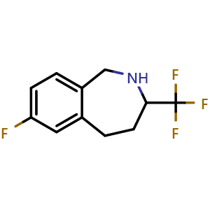 Chemical structure of 7-Fluoro-2,3,4,5-tetrahydro-3-(trifluoromethyl)-1H-2-benzazepine , CAS 2379411-56-8, AChemBlock AD282184