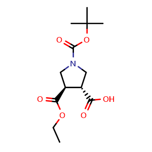 Chemical structure of rel-(3R,4R)-1-(tert-Butoxycarbonyl)-4-(ethoxycarbonyl)pyrrolidine-3-carboxylic acid , CAS 252919-44-1, AChemBlock AD282192