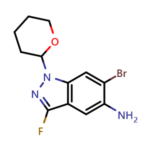 Chemical structure of 6-Bromo-3-fluoro-1-(tetrahydro-2H-pyran-2-yl)-1H-indazol-5-amine , CAS 2555019-59-3, AChemBlock AD282194