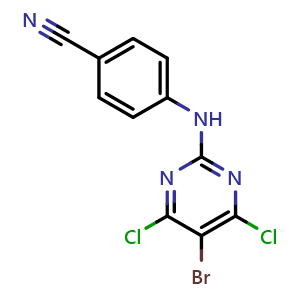 Chemical structure of 4-((5-Bromo-4,6-dichloropyrimidin-2-yl)amino)benzonitrile , CAS 269055-75-6, AChemBlock AD282198
