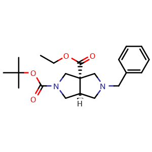 Chemical structure of rel-2-(tert-Butyl) 3a-ethyl (3aS,6aS)-5-benzyltetrahydropyrrolo[3,4-c]pyrrole-2,3a(1H,3H)-dicarboxylate , CAS 2696257-44-8, AChemBlock AD282200