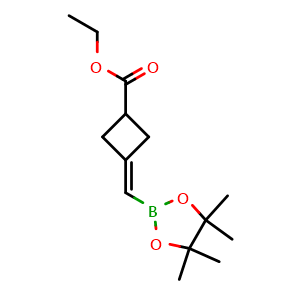 Chemical structure of Ethyl 3-((4,4,5,5-tetramethyl-1,3,2-dioxaborolan-2-yl)methylene)cyclobutane-1-carboxylate , CAS 2864444-49-3, AChemBlock AD282211