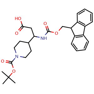 Chemical structure of 3-((((9H-Fluoren-9-yl)methoxy)carbonyl)amino)-3-(1-(tert-butoxycarbonyl)piperidin-4-yl)propanoic acid , CAS 372144-05-3, AChemBlock AD282220