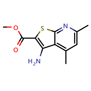 Chemical structure of Methyl 3-amino-4,6-dimethylthieno[2,3-b]pyridine-2-carboxylate , CAS 52505-44-9, AChemBlock AD282231