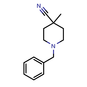 Chemical structure of 4-Methyl-1-(phenylmethyl)-4-piperidinecarbonitrile , CAS 62718-32-5, AChemBlock AD282237