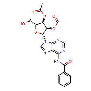 Chemical structure of (2R,3R,4R,5R)-2-(6-Benzamido-9H-purin-9-yl)-5-(hydroxymethyl)tetrahydrofuran-3,4-diyl diacetate , CAS 69293-36-3, AChemBlock AD282240