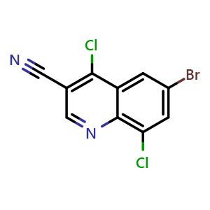 Chemical structure of 6-Bromo-4,8-dichloroquinoline-3-carbonitrile , CAS 886362-77-2, AChemBlock AD282255