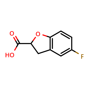 Chemical structure of 5-Fluoro-2,3-dihydro-1-benzofuran-2-carboxylic acid , CAS 89197-63-7, AChemBlock AD282256