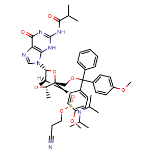 Chemical structure of 5'-ODMT cEt G phosphoramidite (amidite) , CAS 945628-66-0, AChemBlock AD282270