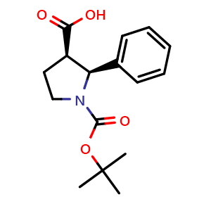 Chemical structure of cis-1-N-Boc-2-phenyl-pyrrolidine-3-carboxylic acid , CAS 1187931-40-3, AChemBlock AD282289