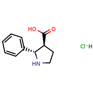 Chemical structure of rel-(2S,3S)-2-Phenylpyrrolidine-3-carboxylic acid hydrochloride , CAS 1187931-65-2, AChemBlock AD282290