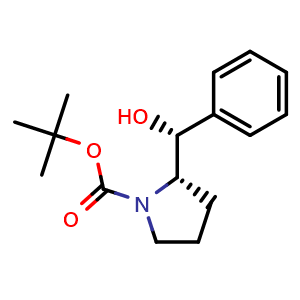 Chemical structure of (1R,2S)-2-(Hydroxyphenylmethyl)pyrrolidine-1-carboxylic acid tert-butyl ester , CAS 1266251-94-8, AChemBlock AD282295