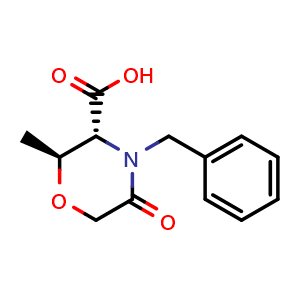 Chemical structure of (2S,3R)-2-Methyl-5-oxo-4-(phenylMethyl)-3-morpholinecarboxylic acid , CAS 1268474-69-6, AChemBlock AD282296