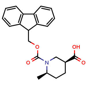 Chemical structure of (3S,6R)-1-(((9H-Fluoren-9-yl)methoxy)carbonyl)-6-methylpiperidine-3-carboxylic acid , CAS 2287246-81-3, AChemBlock AD282327