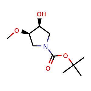 Chemical structure of (3S,4R)-tert-Butyl 3-hydroxy-4-methoxypyrrolidine-1-carboxylate , CAS 2381473-24-9, AChemBlock AD282329