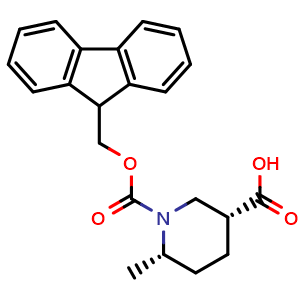 Chemical structure of (3R,6S)-1-(((9H-Fluoren-9-yl)methoxy)carbonyl)-6-methylpiperidine-3-carboxylic acid , CAS 2453296-98-3, AChemBlock AD282330