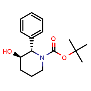 Chemical structure of (2S,3R)-tert-Butyl 3-hydroxy-2-phenylpiperidine-1-carboxylate , CAS 250589-63-0, AChemBlock AD282331