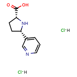 Chemical structure of rel-(2R,5S)-5-(Pyridin-3-yl)pyrrolidine-2-carboxylic acid dihydrochloride , CAS 2741284-47-7, AChemBlock AD282334