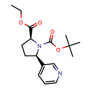 Chemical structure of (2S,5R)-1-tert-Butyl 2-ethyl 5-(pyridin-3-yl)pyrrolidine-1,2-dicarboxylate , CAS 2769756-03-6, AChemBlock AD282335