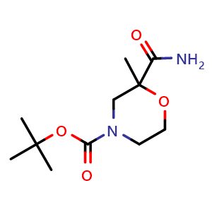 Chemical structure of tert-Butyl 2-carbamoyl-2-methylmorpholine-4-carboxylate , CAS 3079667-26-5, AChemBlock AD282337
