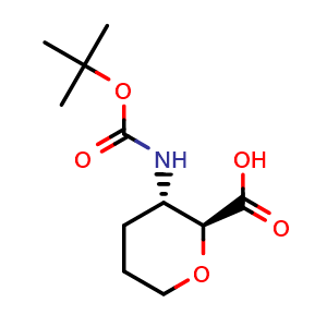 Chemical structure of (2S,3S)-3-(tert-butoxycarbonylamino)tetrahydropyran-2-carboxylic acid , CAS 1347744-24-4, AChemBlock AD282367