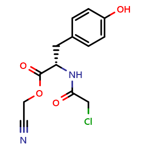 Chemical structure of Cyanomethyl (2S)-2-[(2-chloroacetyl)amino]-3-(4-hydroxyphenyl)propanoate , CAS 1357455-95-8, AChemBlock AD282369