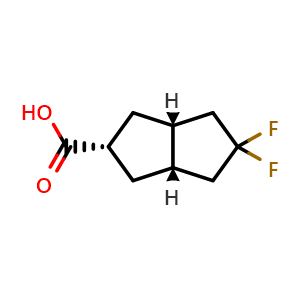 Chemical structure of rel-(2r,3aR,6aS)-5,5-Difluoro-2,3,3a,4,6,6a-hexahydro-1H-pentalene-2-carboxylic acid , CAS 1447942-31-5, AChemBlock AD282378