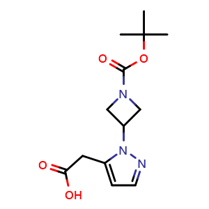 Chemical structure of 2-(1-{1-[(Tert-butoxy)carbonyl]azetidin-3-yl}-1H-pyrazol-5-yl)acetic acid , CAS 1784572-08-2, AChemBlock AD282401