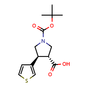Chemical structure of (3R,4S)-1-Tert-butoxycarbonyl-4-(3-thienyl)pyrrolidine-3-carboxylic acid , CAS 1820575-20-9, AChemBlock AD282404