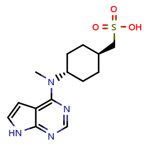 Chemical structure of rel-((1r,4r)-4-(Methyl(7H-pyrrolo[2,3-d]pyrimidin-4-yl)amino)cyclohexyl)methanesulfonic acid , CAS 2124221-13-0, AChemBlock AD282425