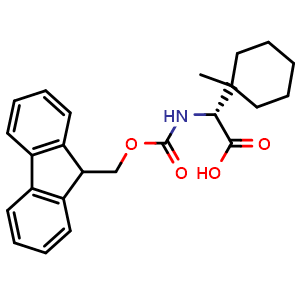 Chemical structure of (2R)-2-(9H-Fluoren-9-ylmethoxycarbonylamino)-2-(1-methylcyclohexyl)acetic acid , CAS 2349749-40-0, AChemBlock AD282433