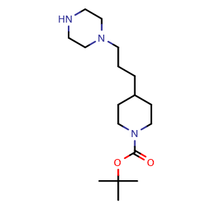 Chemical structure of tert-Butyl 4-[3-(piperazin-1-yl)propyl]piperidine-1-carboxylate , CAS 2353897-66-0, AChemBlock AD282436
