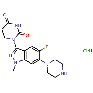 Chemical structure of 1-(5-Fluoro-1-methyl-6-piperazin-1-yl-indazol-3-yl)hexahydropyrimidine-2,4-dione hydrochloride , CAS 2654826-47-6, AChemBlock AD282459