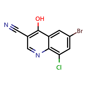 Chemical structure of 6-Bromo-8-chloro-4-hydroxy-quinoline-3-carbonitrile , CAS 2714373-33-6, AChemBlock AD282462