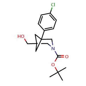 Chemical structure of tert-Butyl 1-(4-chlorophenyl)-5-(hydroxymethyl)-3-azabicyclo[3.1.1]heptane-3-carboxylate , CAS 2757921-80-3, AChemBlock AD282472